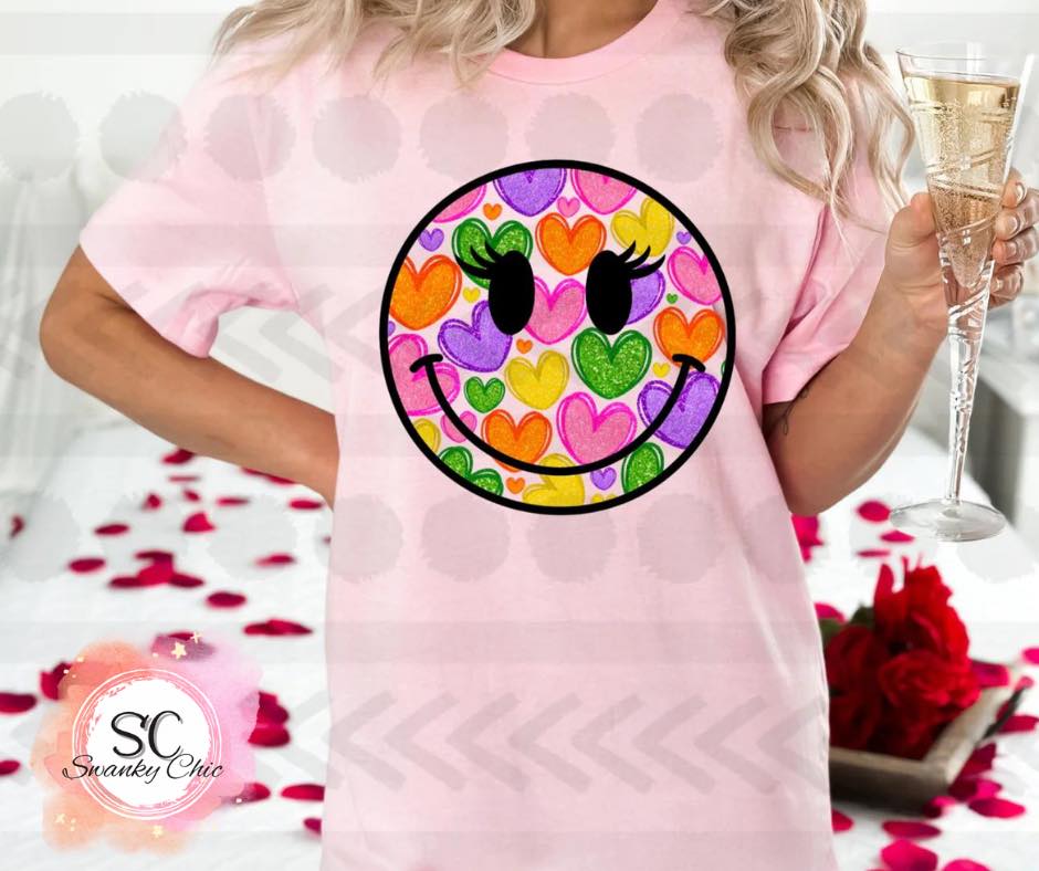 Kim Updegraff — Heart smiley: 3X, light pink, crewneck tee