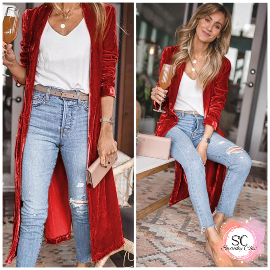 Sunshine Lea Rankin — Large, velvety red open front cardigan