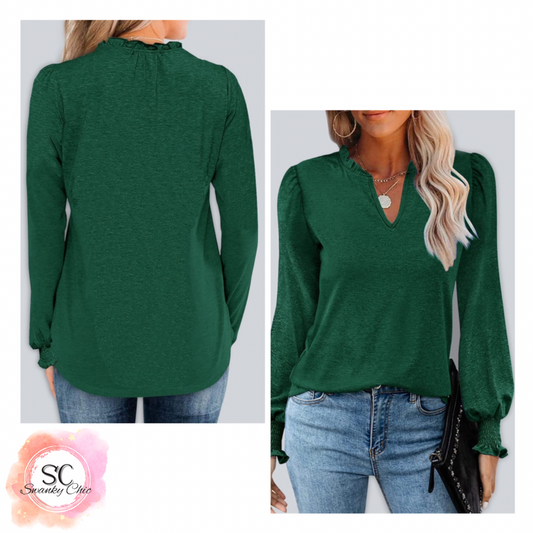 Susan Dungan — XL, green blouse with split neckline and shirred cuffs