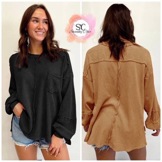 Ashley Green — XL, black textured long sleeve with crinkle detailing