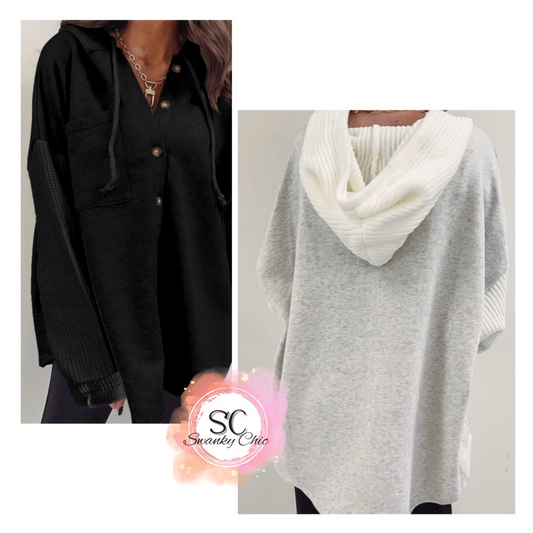 Pam Stokes Hunter — XL, black contrast knitted jacket hoodie