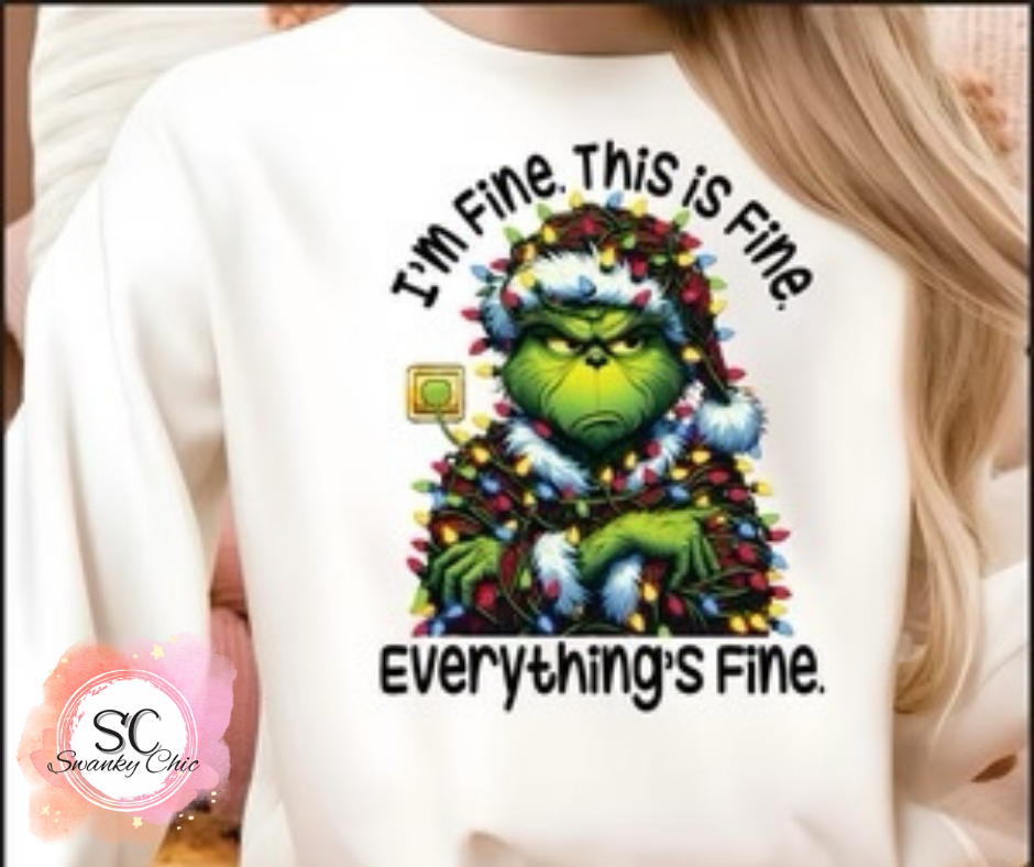 Brenda McCoy Hoodlebrink — I’m fine this is fine. Everything’s fine (g-man): Medium, light grey, crewneck tee