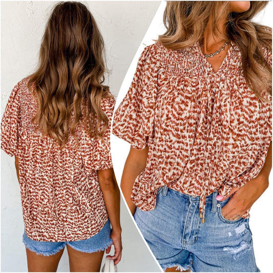 Pam Stokes Hunter — XL, brown leopard blouse