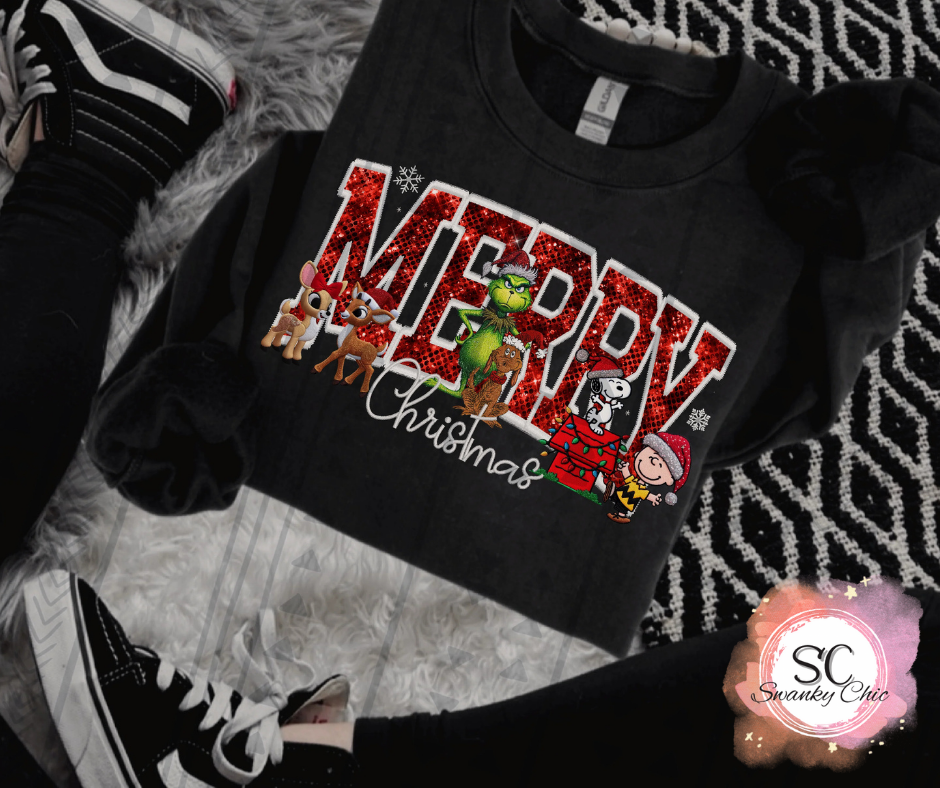 Amy Martino — Merry Christmas characters: XL, black, crewneck sweatshirt