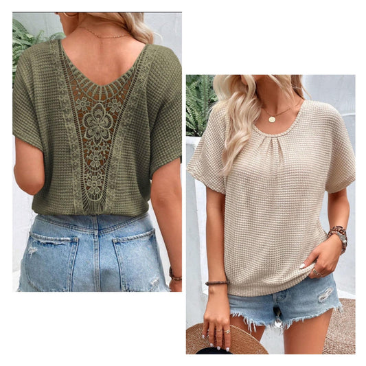Angi Symons — XL, green waffle knit top with lace
