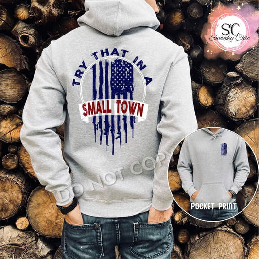 Amy Martino — (F+B BLUE/RED) Try That in a small town: Large, athletic Heather, crewneck sweatshirt
