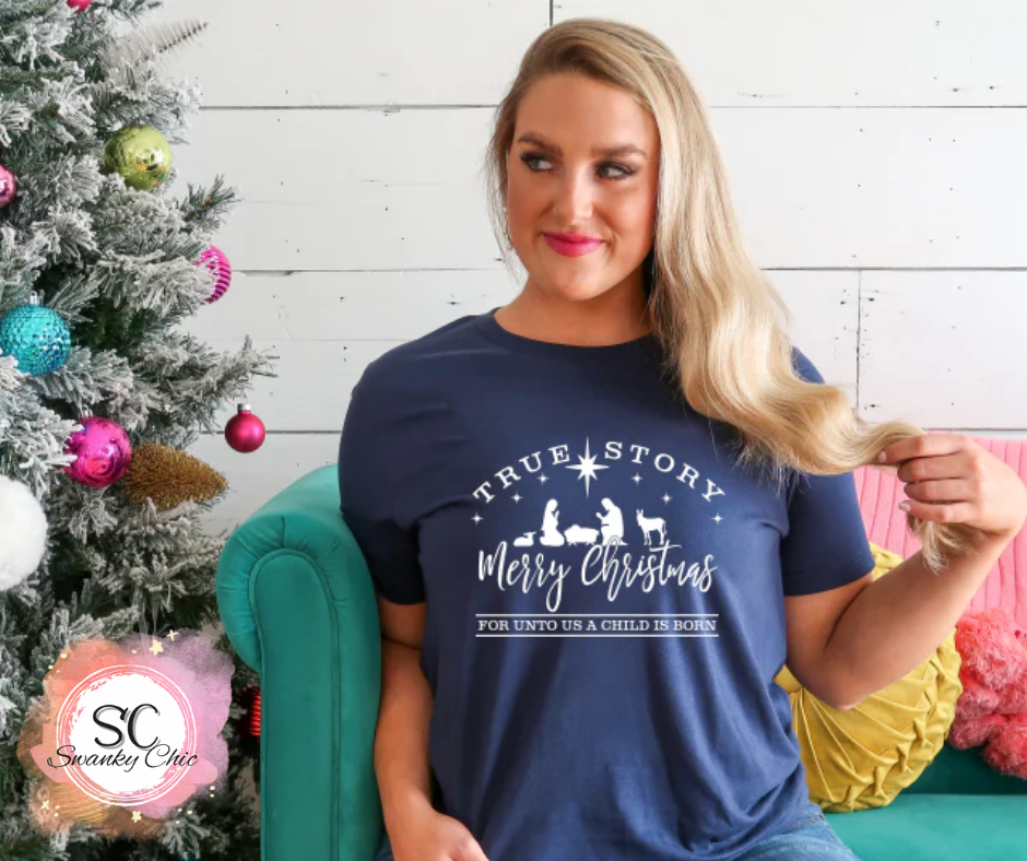 Michelle Spalding — True Story nativity: Large, green, crewneck tee