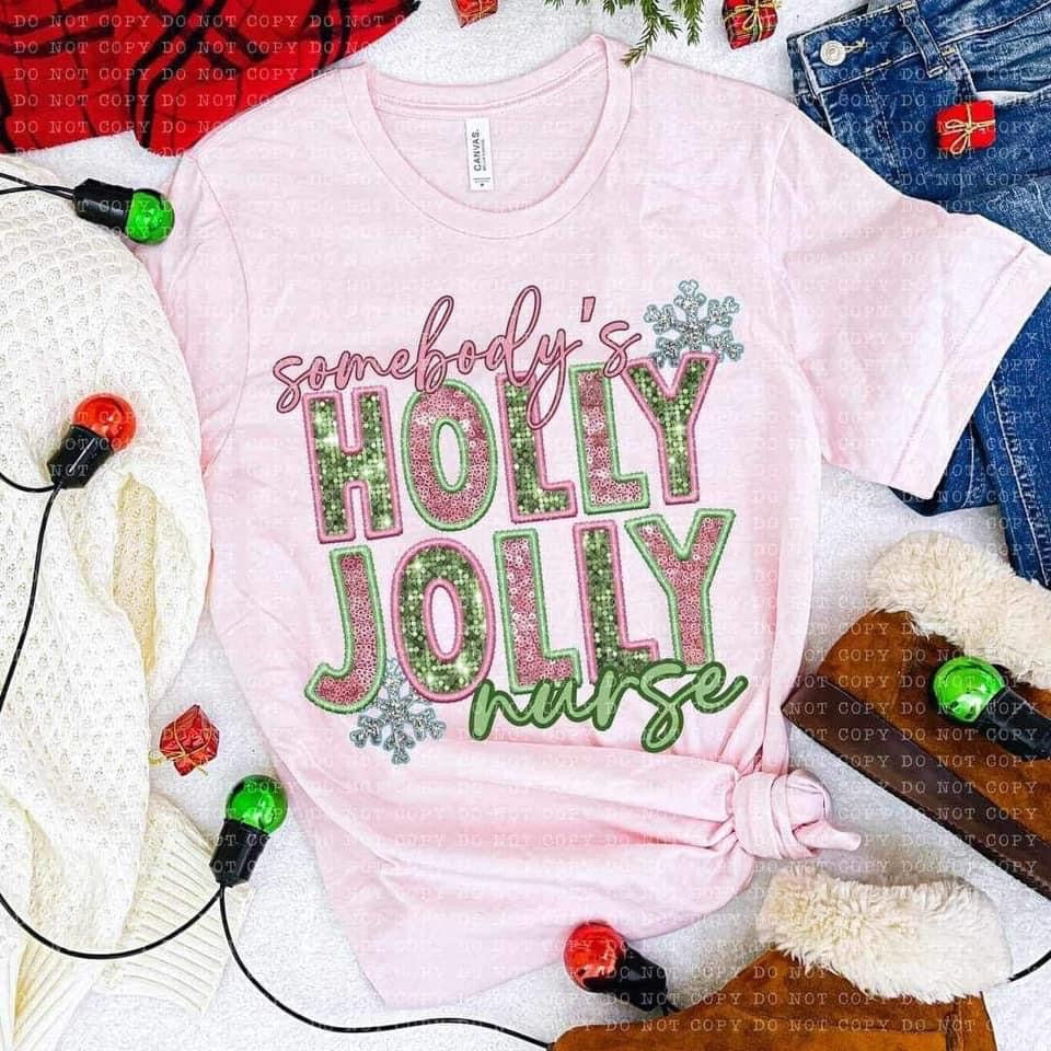 April Beach — Somebody’s Holly Jolly Nurse: 3X, light pink, crewneck tee