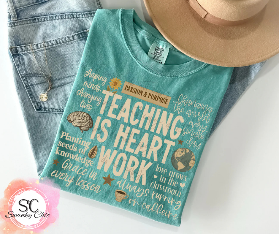 Jen Elliott — Teaching is heart work: large, CC spanish moss, crewneck tee