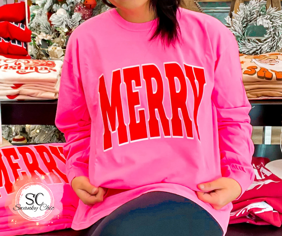 Shannen Carter — Varsity Red Merry Christmas: Large, bright pink, long sleeve tee
