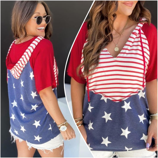 Shannen Carter — Large, Americana hooded drawstring tee