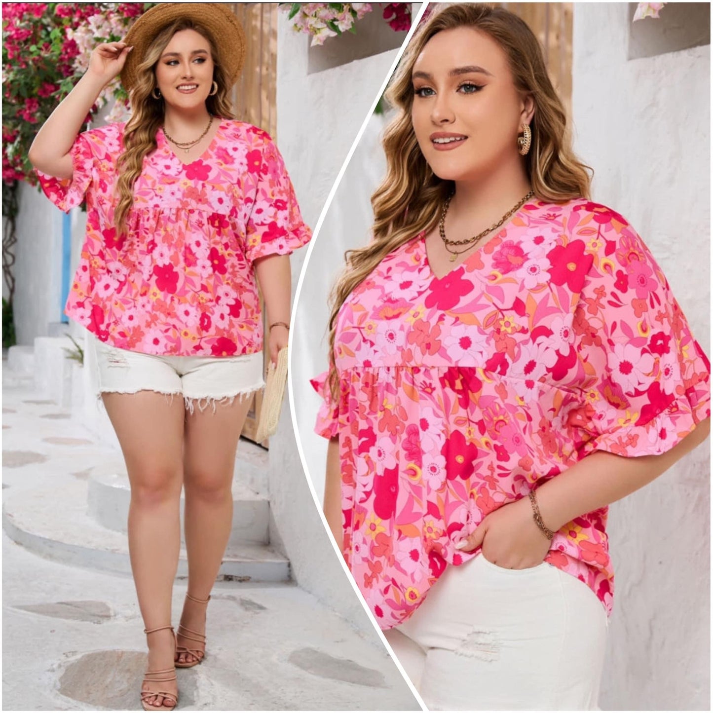 Pam Stokes Hunter — 1X, pink floral v-neck blouse