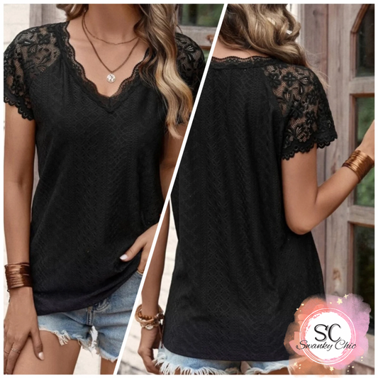 Shanon Nichole Chase-Gray — Medium, black Lacey b-neck blouse