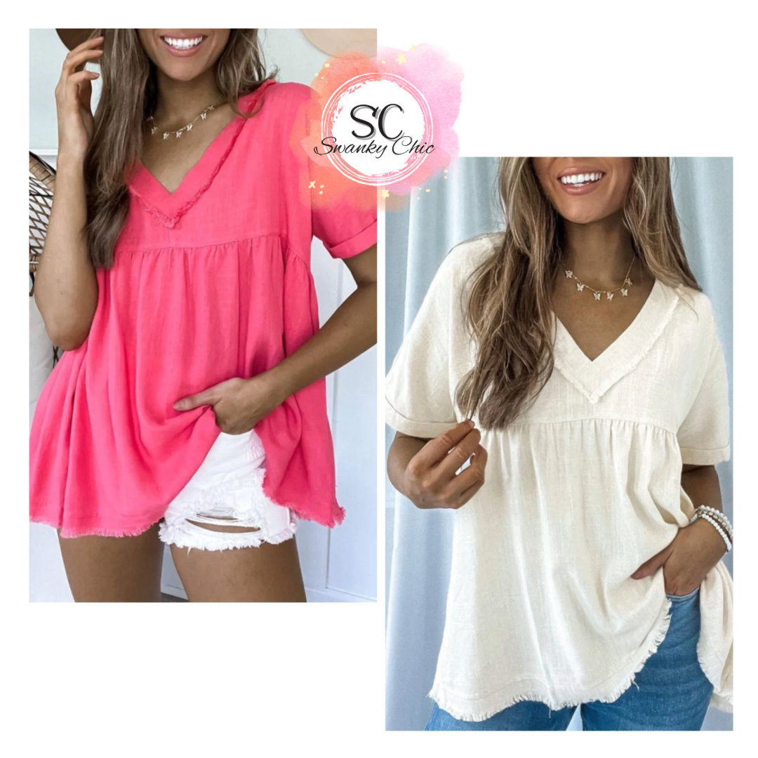 Allyson Michele — XL, pink v-neck babydoll blouse with frayed hem