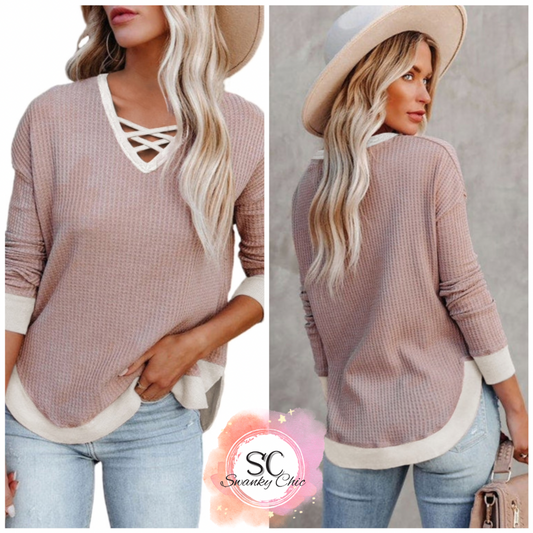 Annie Petitt — Large, mauve and cream waffle knit long sleeve