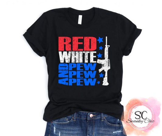 Anne Hoy Simpson — Red white & Pew pew pew: 2X, black, crewneck tee