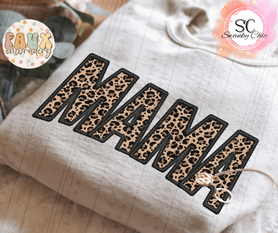 Allyson Michele — faux embroidery MAMA leopard: XL, crewneck sweatshirt