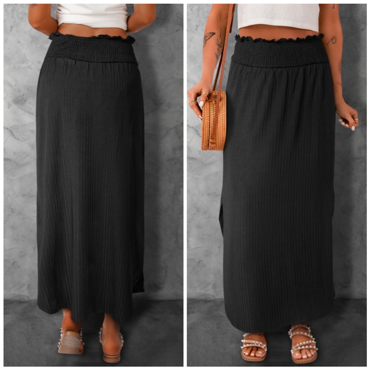 Susan Marie — Large, black ribbed maxi with smocked waist