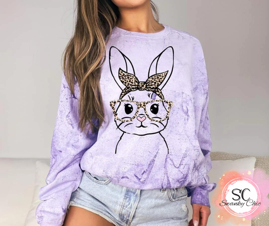 Susan Marie — Bunny w/ leopard bandana: Large, purple crush, (1545) crewneck sweatshirt
