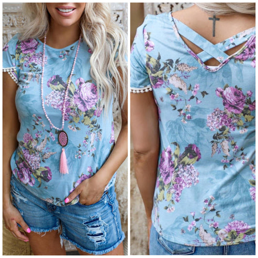 Angi Symons — XL, blue floral cross back top with poms