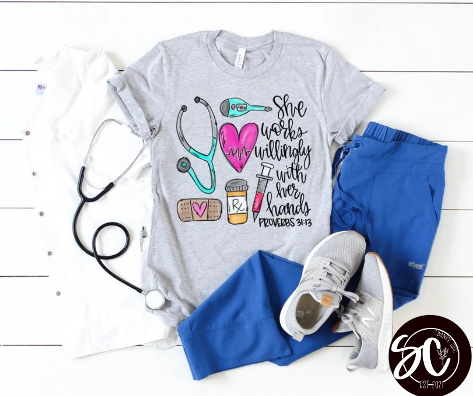 Taylor Farr — Nurses work willingly: Medium, athletic Heather, crewneck tee