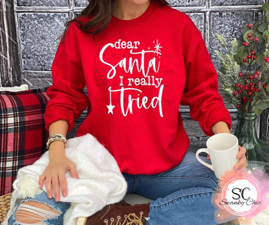 Kaelan Williams — youth Dear Santa, I really tried: Youth Medium, red (2225), crewneck sweatshirt