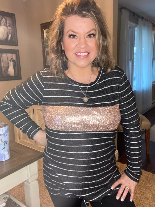 Alyssa Snyder — Small, black heather/ white stripes, rose gold sequin top