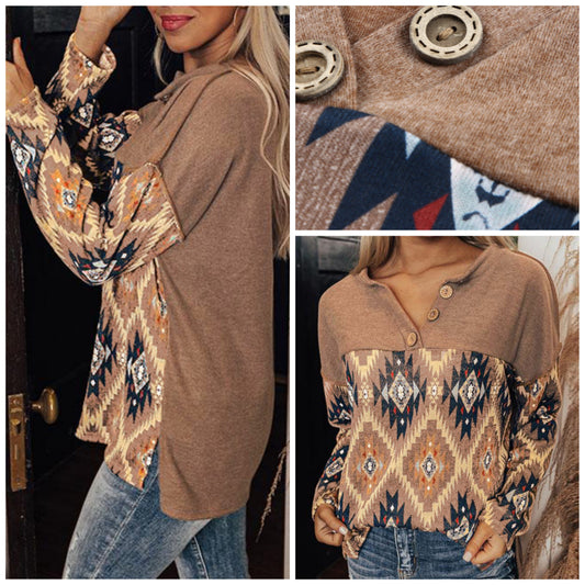 Penny Rines — Medium, Aztec pullover with v-neckline