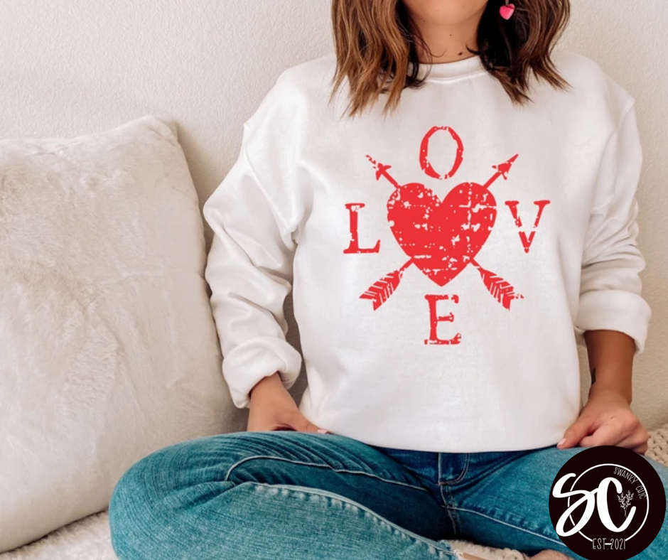 Kristin Elliott York — Red LOVE heart arrows: XL, white, v-neck tee