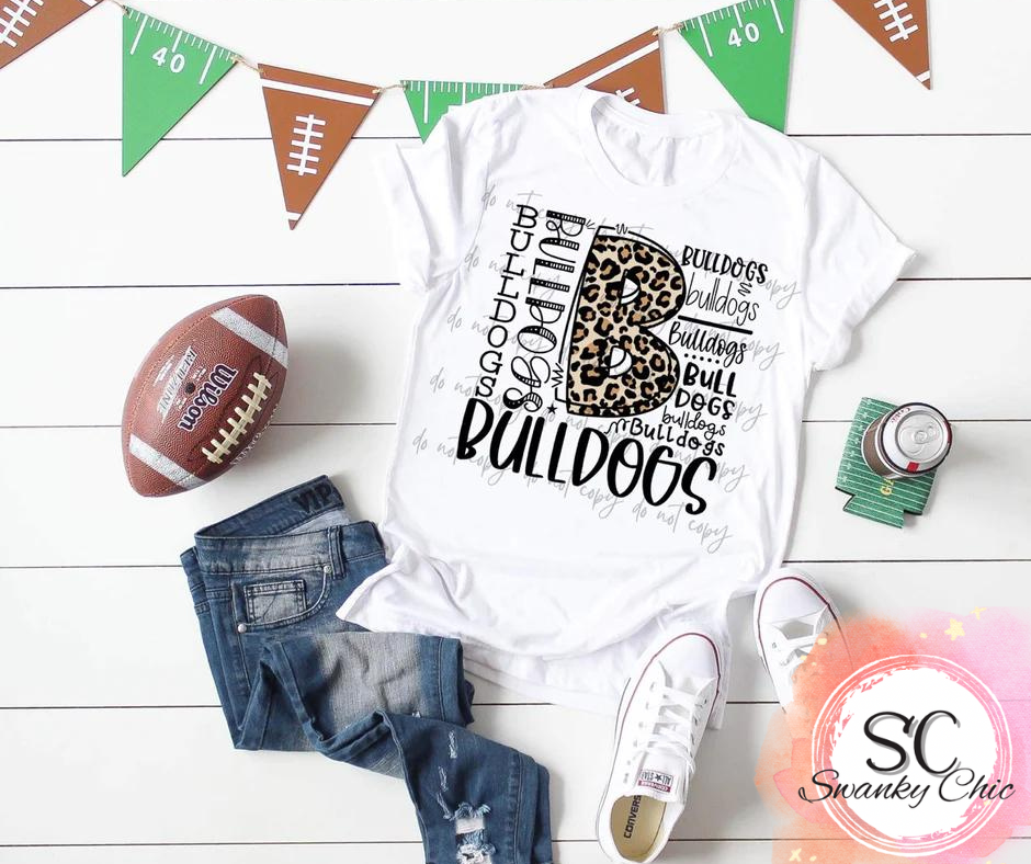Angie Catey — Bulldogs leopard fonts: Large, white, crewneck tee