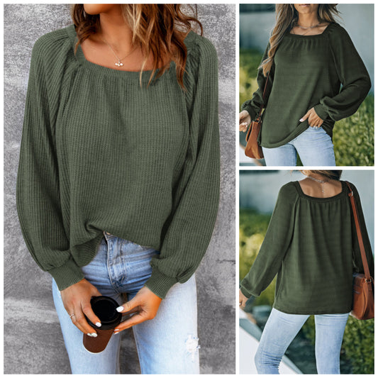 Amber Brown — Large, green waffle textured long sleeve top