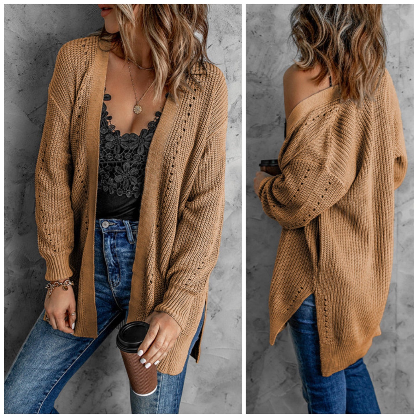 Linsey Moore — Small, hollow out cardigan with pockets and side slits