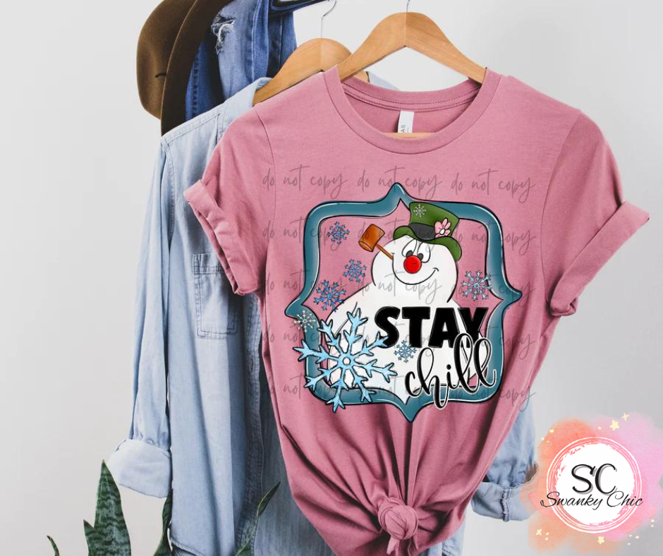 Kim Updegraff — Stay Chill Frosty: 3X,  Heather charity pink, crewneck tee