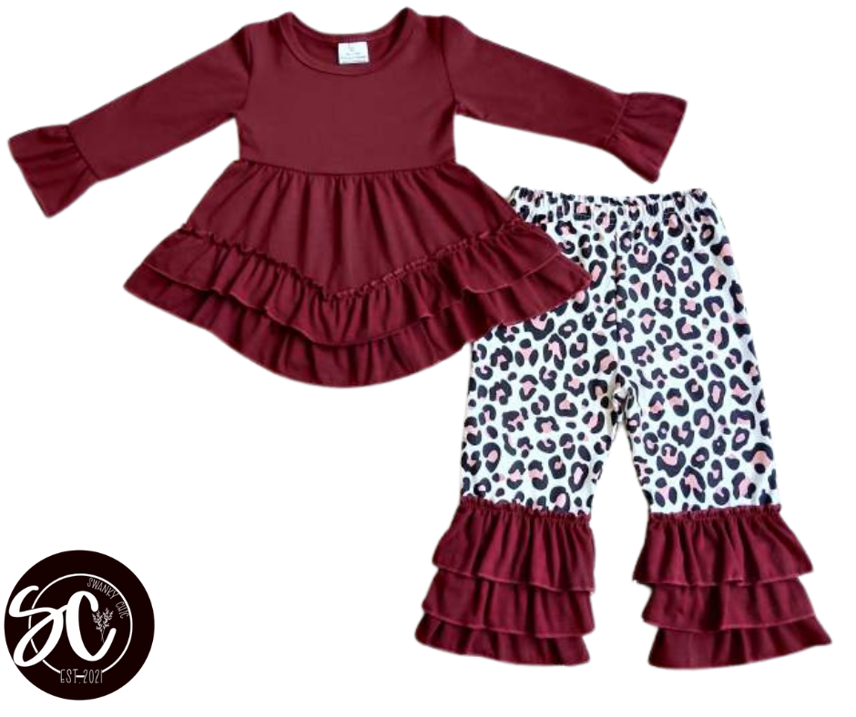 Debbie Warner — 2T, burgundy ruffle top/ leopard pants