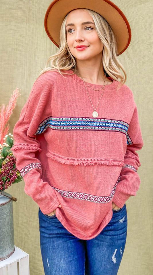 Tracey Crowell Dingwerth — Small, pink Aztec fringe, pullover