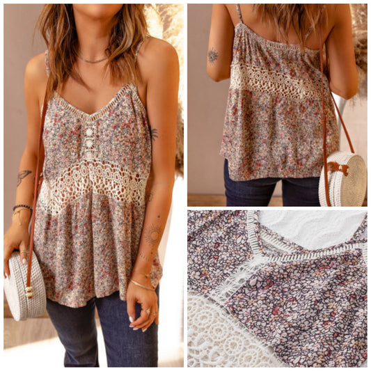 April Wheatley Boctor — Large, boho floral, cami with crochet