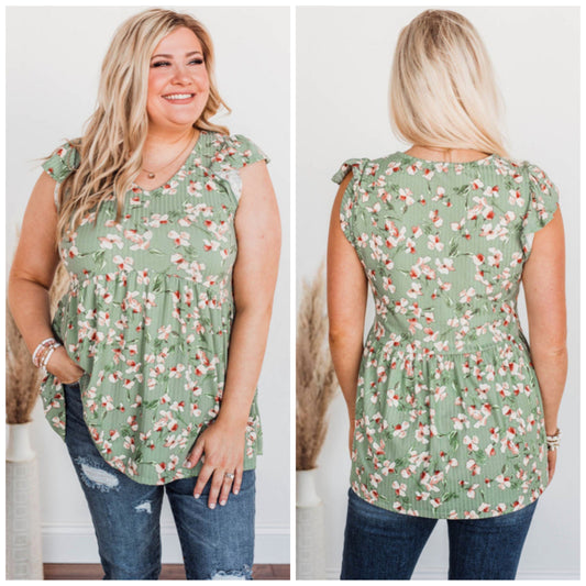 Vickie Selby — 2X, sage floral, ribbed sleeveless top