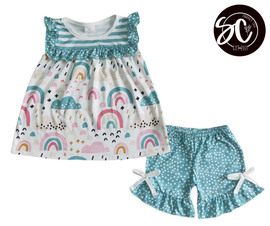 Samantha Taylor — Girl’s 6/12 mos, aqua stripes, dots & rainbows outfit