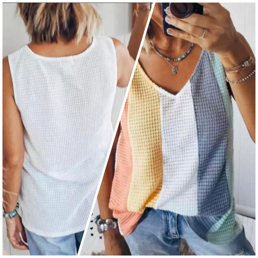 Stephanie Finney — Medium, sleeveless Vertical striped waffle knit