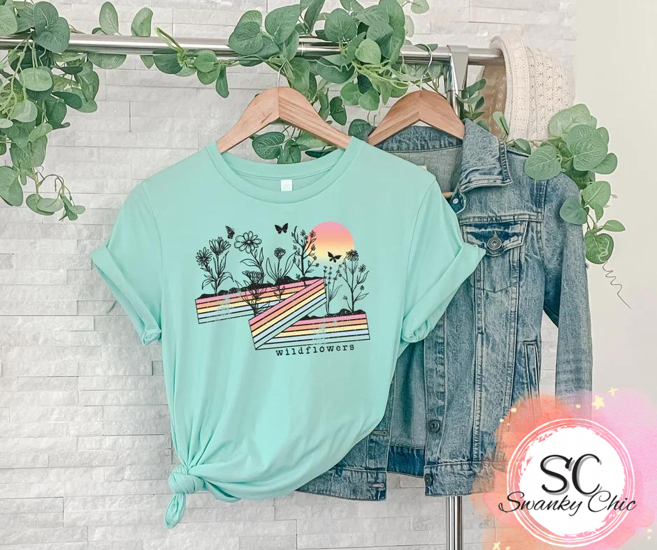 Brenda McCoy Hoodlebrink — Wildflowers scene: XL, mint, crewneck tee