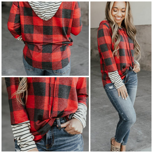 Amber Brown — X-Large, Buffalo plaid hoodie with striped detailing