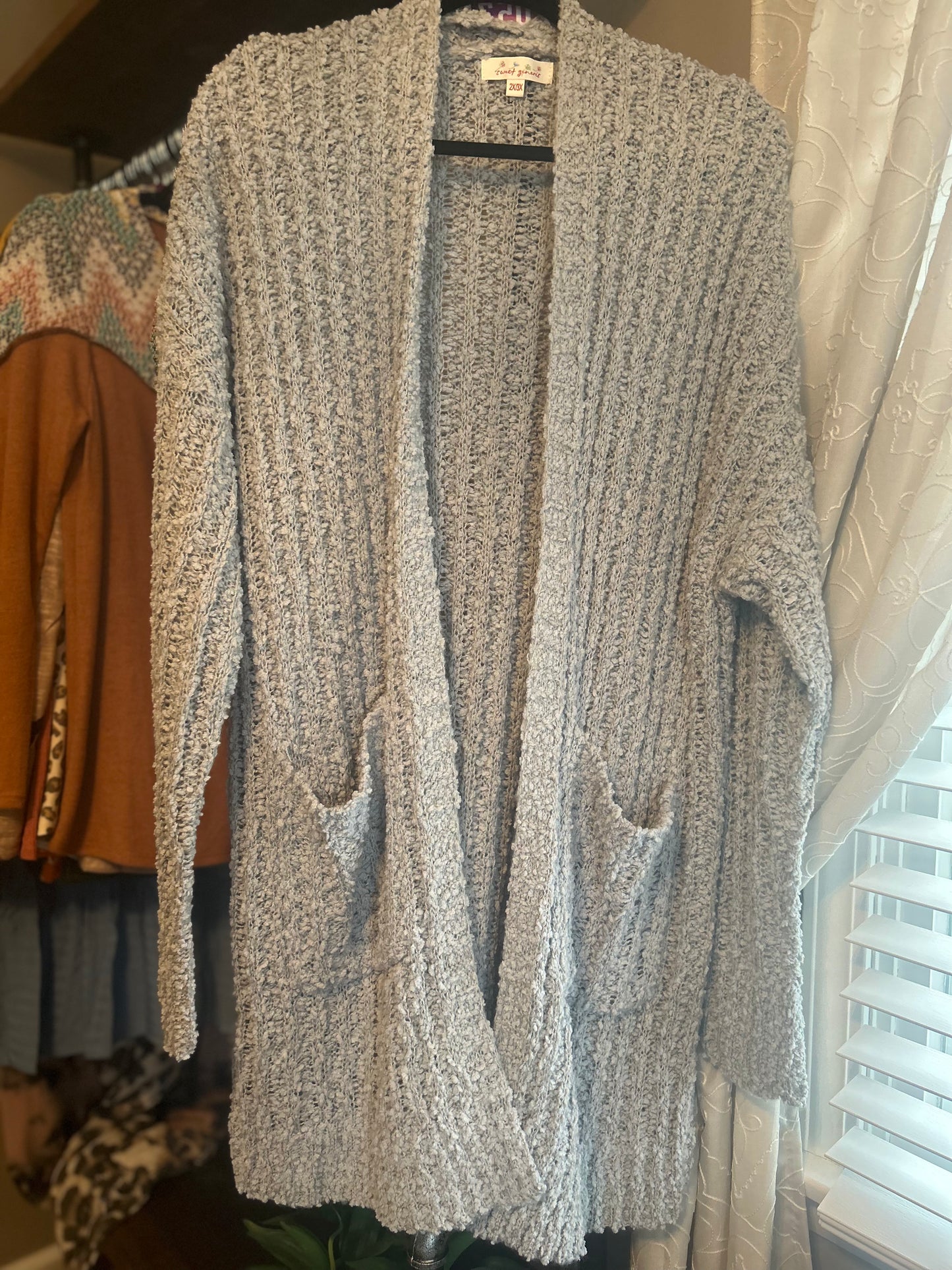 Amy McDowell — 2/3X grey, popcorn cardigan