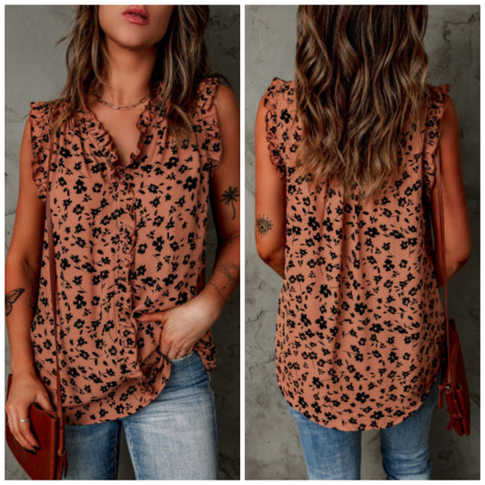 Angie Carey — Medium, black/brown floral sleeveless top with ruffles