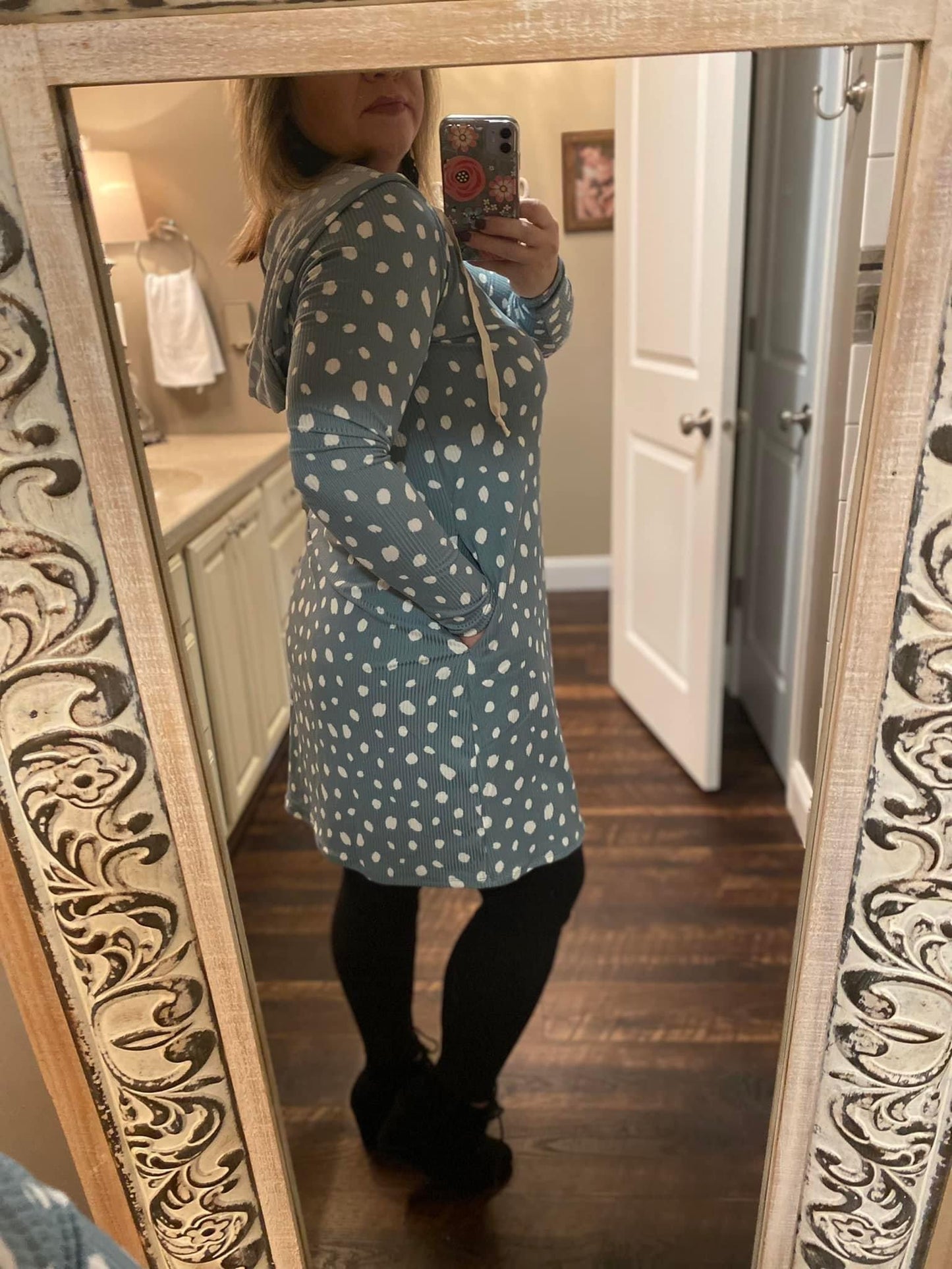 Annie Petitt — X-Large, blue mint, dot dress with hood