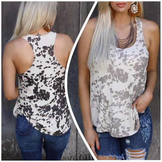 Sasha Conner — 2X, cow print, scoop neck tank