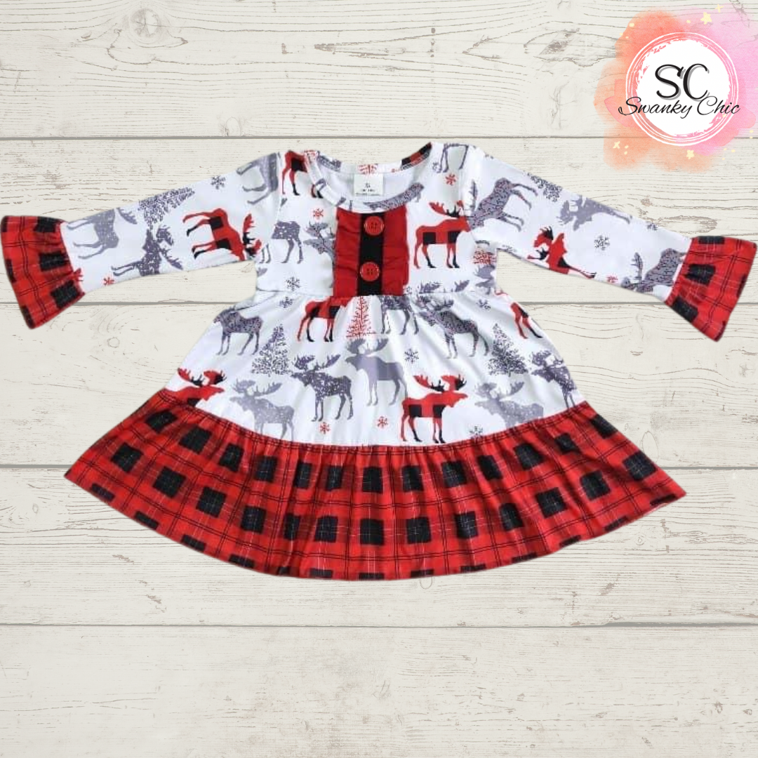 Marcie Jo Clark Houghton — 8/9 Girl’s Buffalo plaid moose dress