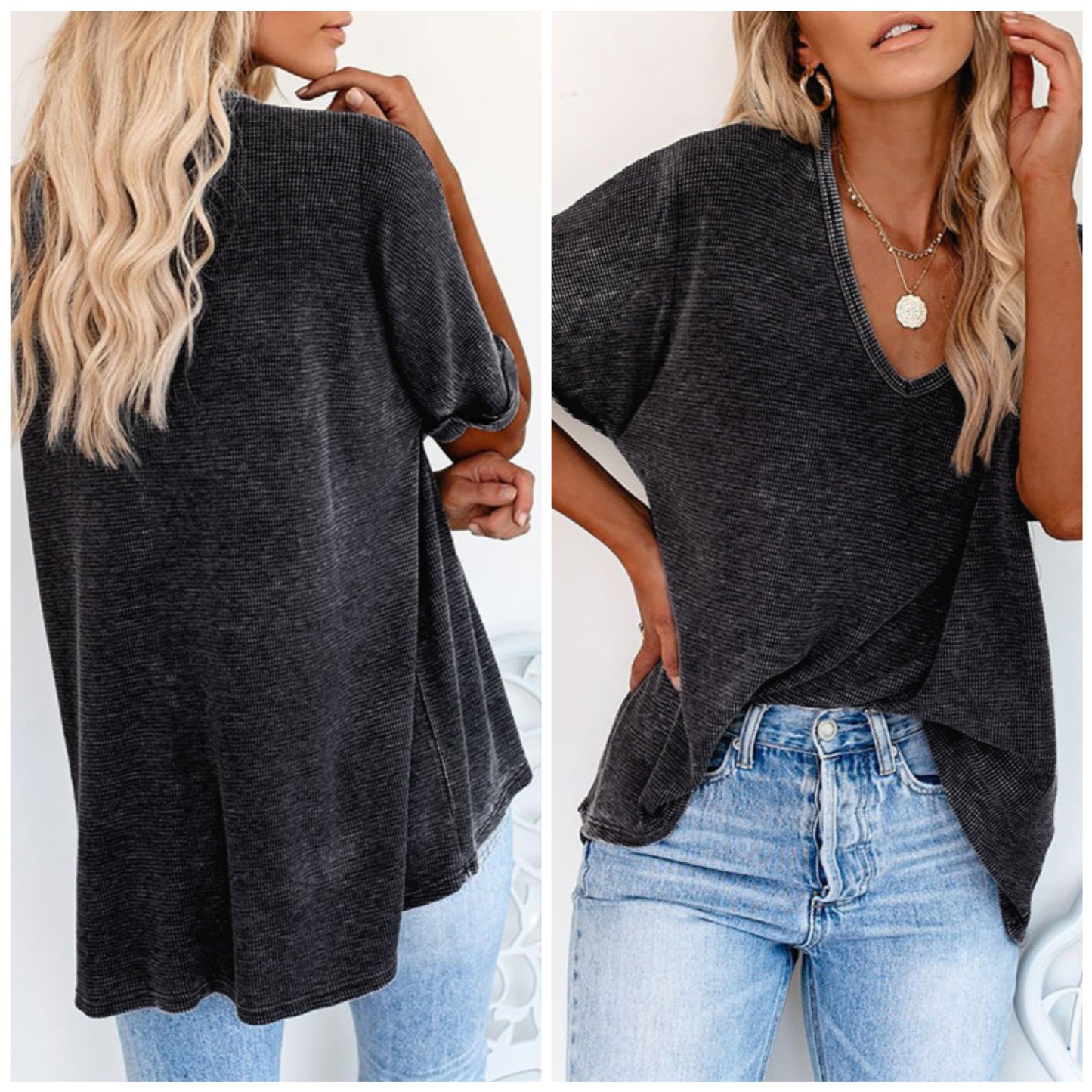 Allyson Michelle — XL, smoke gray oversized waffle v-neck