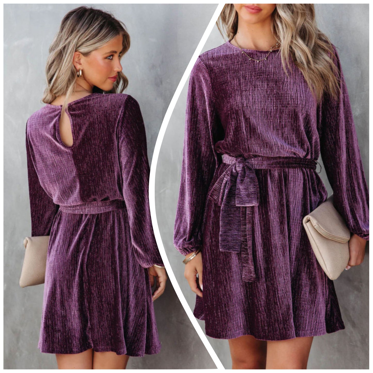 Susan Marie — Medium, purple belted mini dress with Bishop sleeves