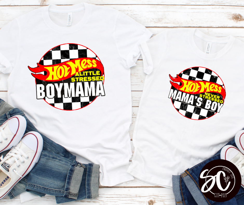 Callie Turner — Hot mess boy mama: XL, white, crewneck tee,