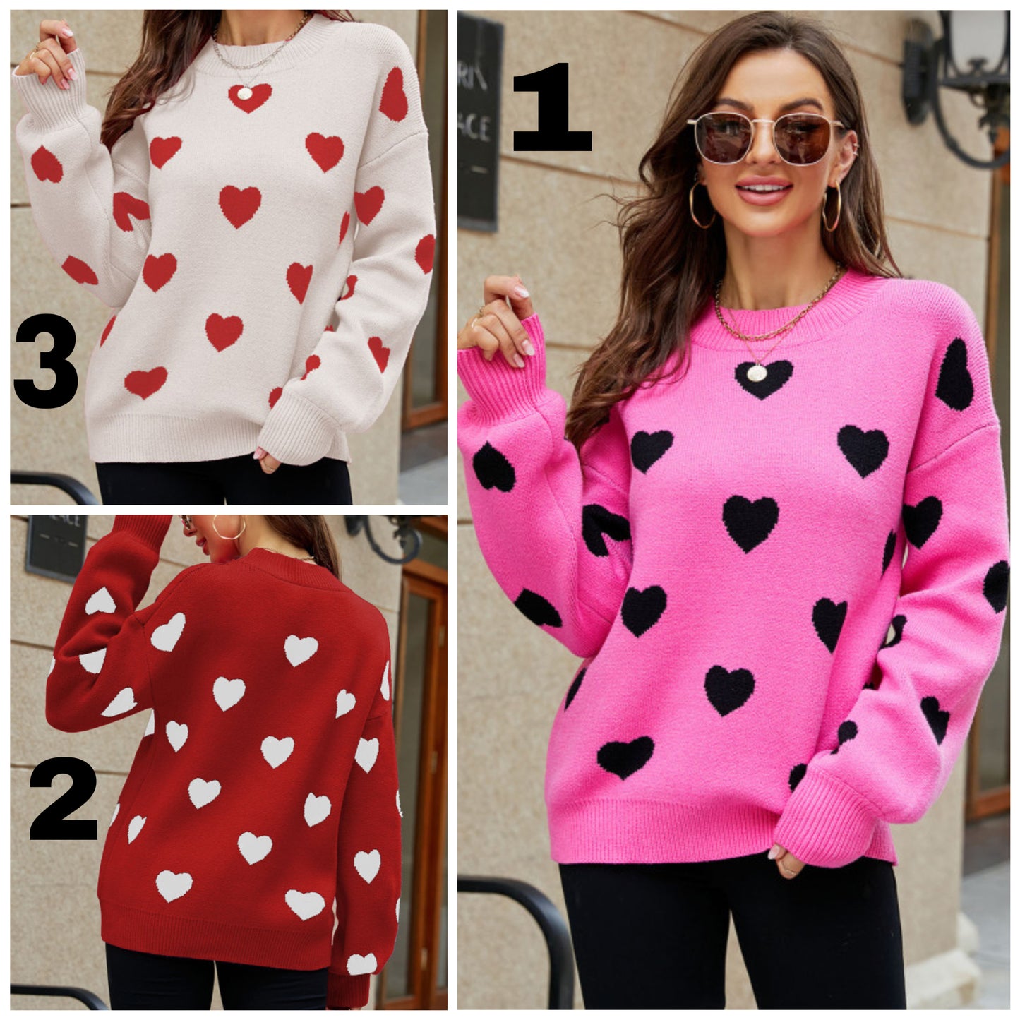 Julia Piercey Hanson — Medium, pink with black heart drop shoulder sweater